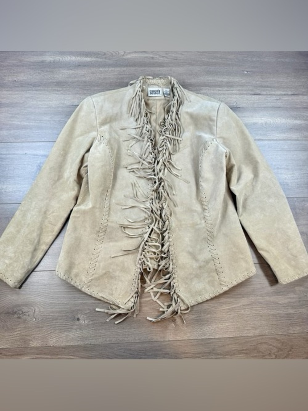 Vintage Chico’s Design Open Front Fringe Suede Leather Jacket in Beige